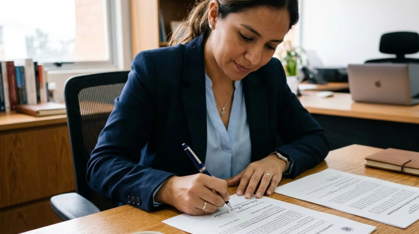 Mujer firmando documentos en un escritorio con un bolígrafo