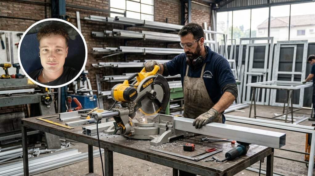 Sergio Menéndez trabajando en su taller de carpintería de aluminio
