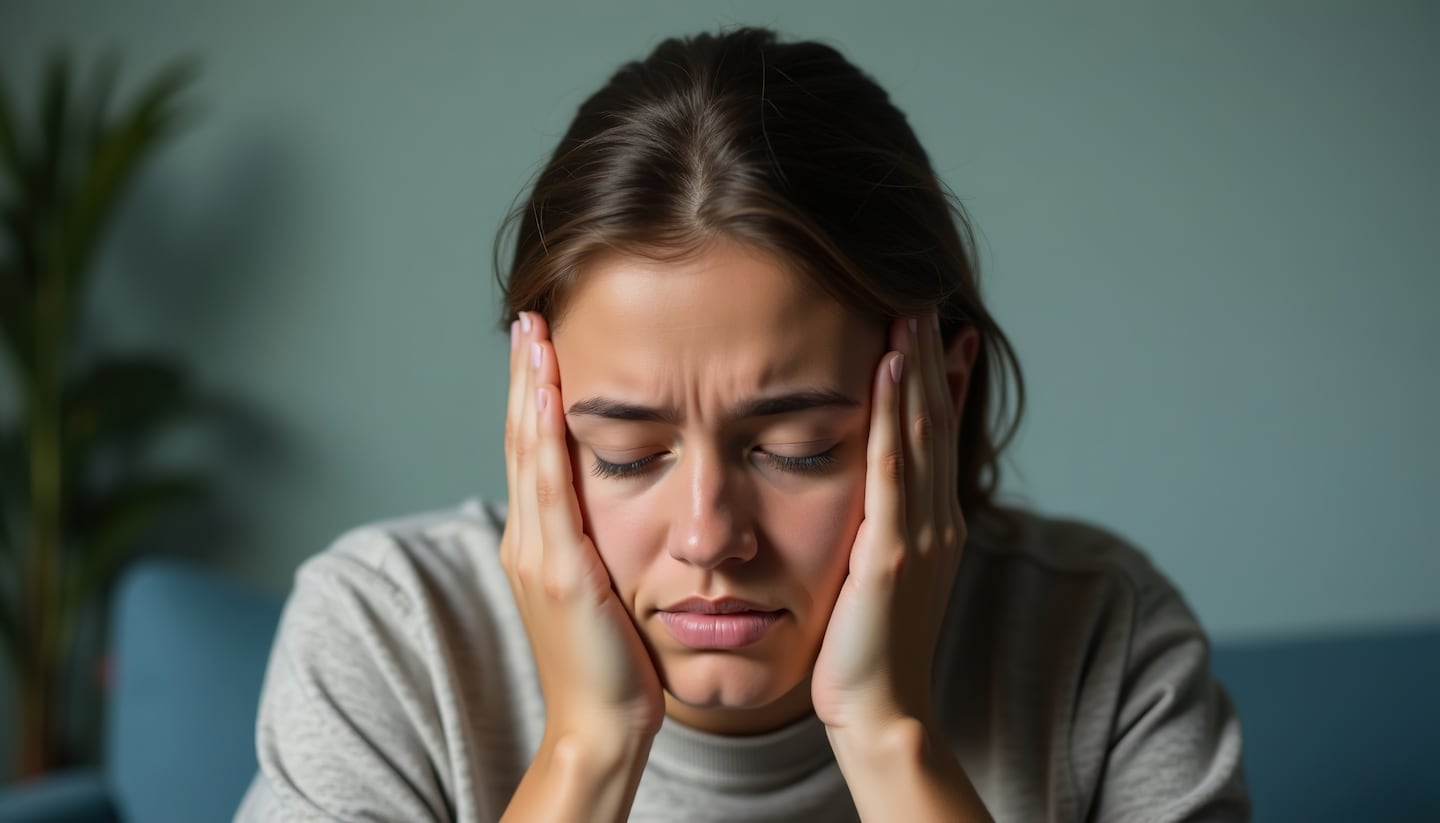 Mujer con expresión de frustración y preocupación, sosteniendo su cabeza con las manos