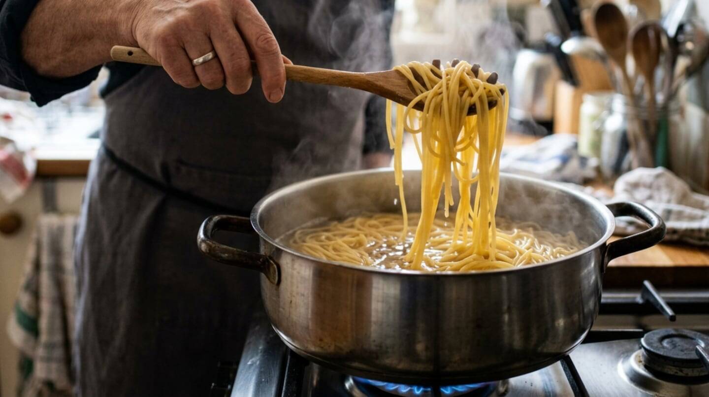 Chef argentino sacando pasta de una olla con agua de cocción