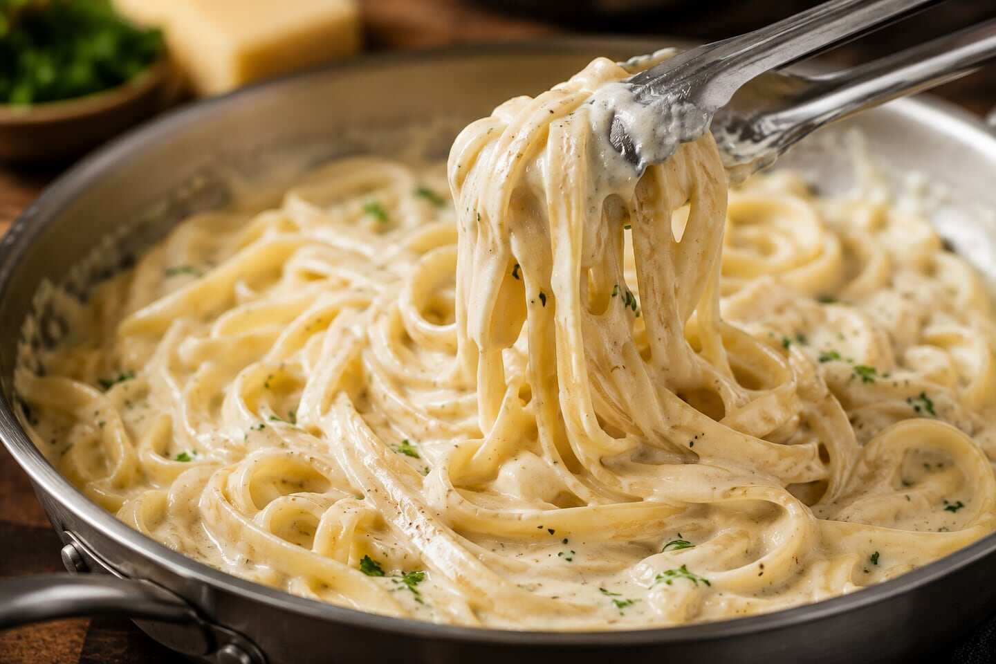 Plato de pasta con salsa cremosa en una sartén