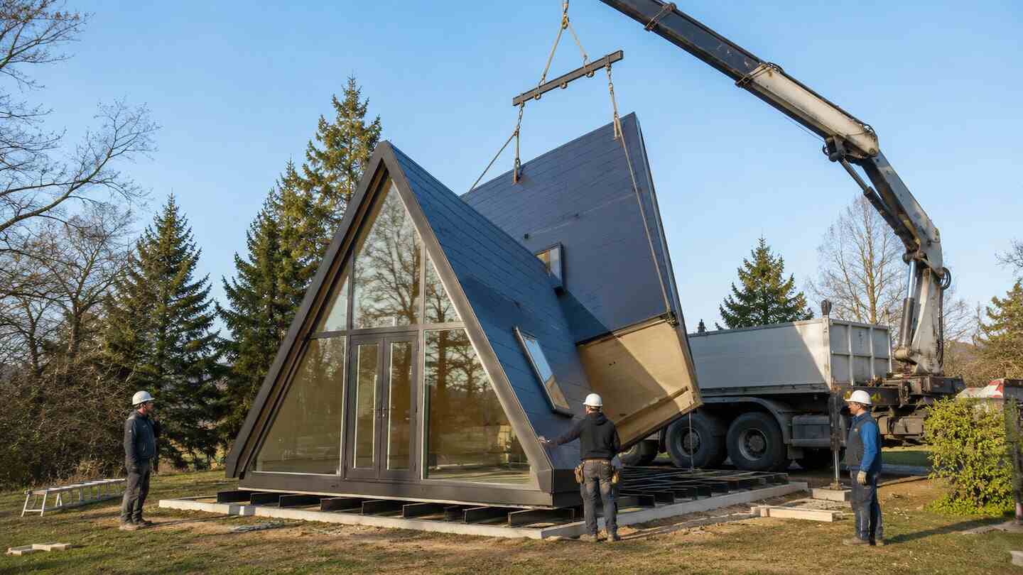 Casa plegable M.A.Di Home siendo ensamblada por un grupo de trabajadores