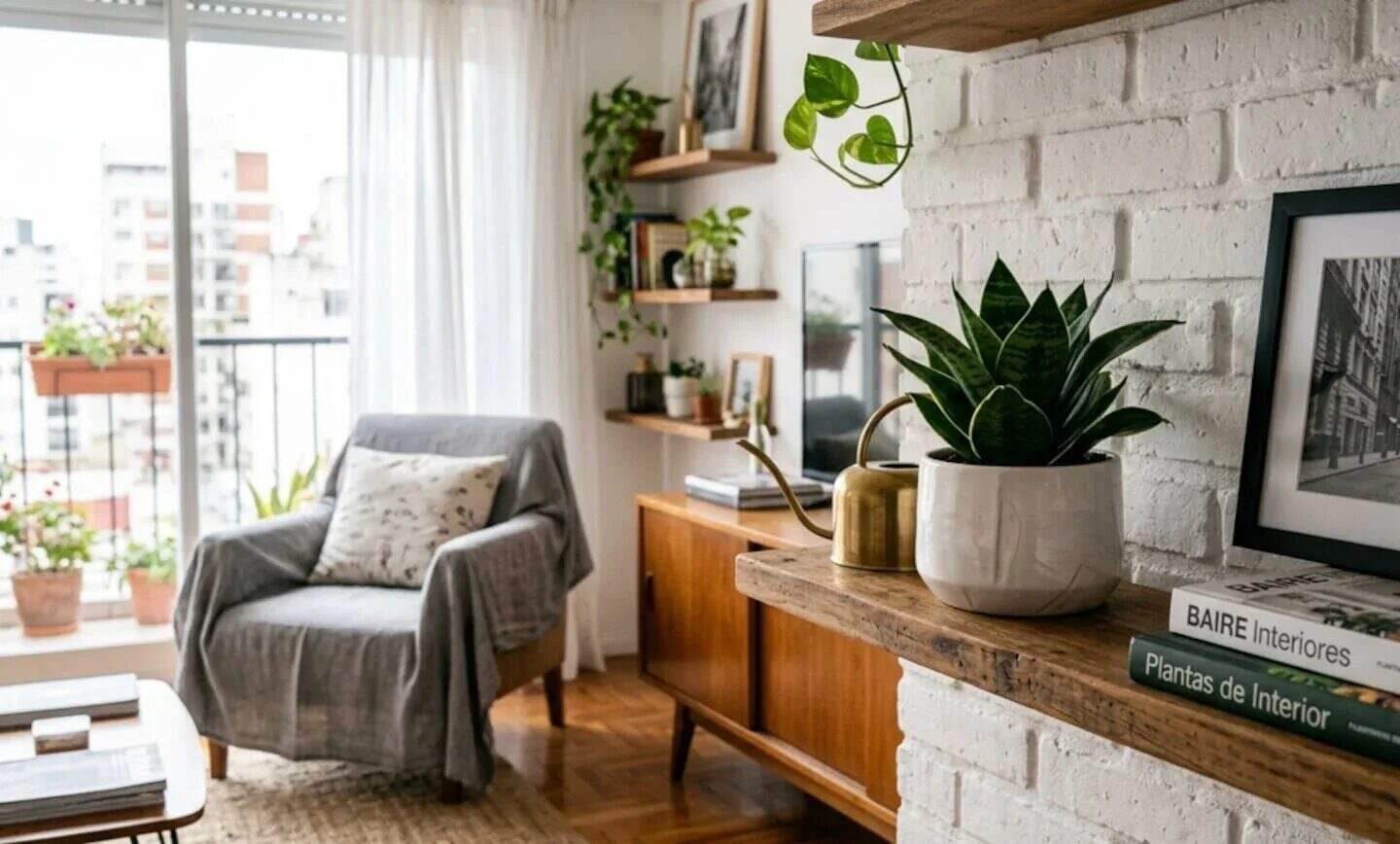 Planta lengua de suegra enana en un salón moderno con decoración minimalista
