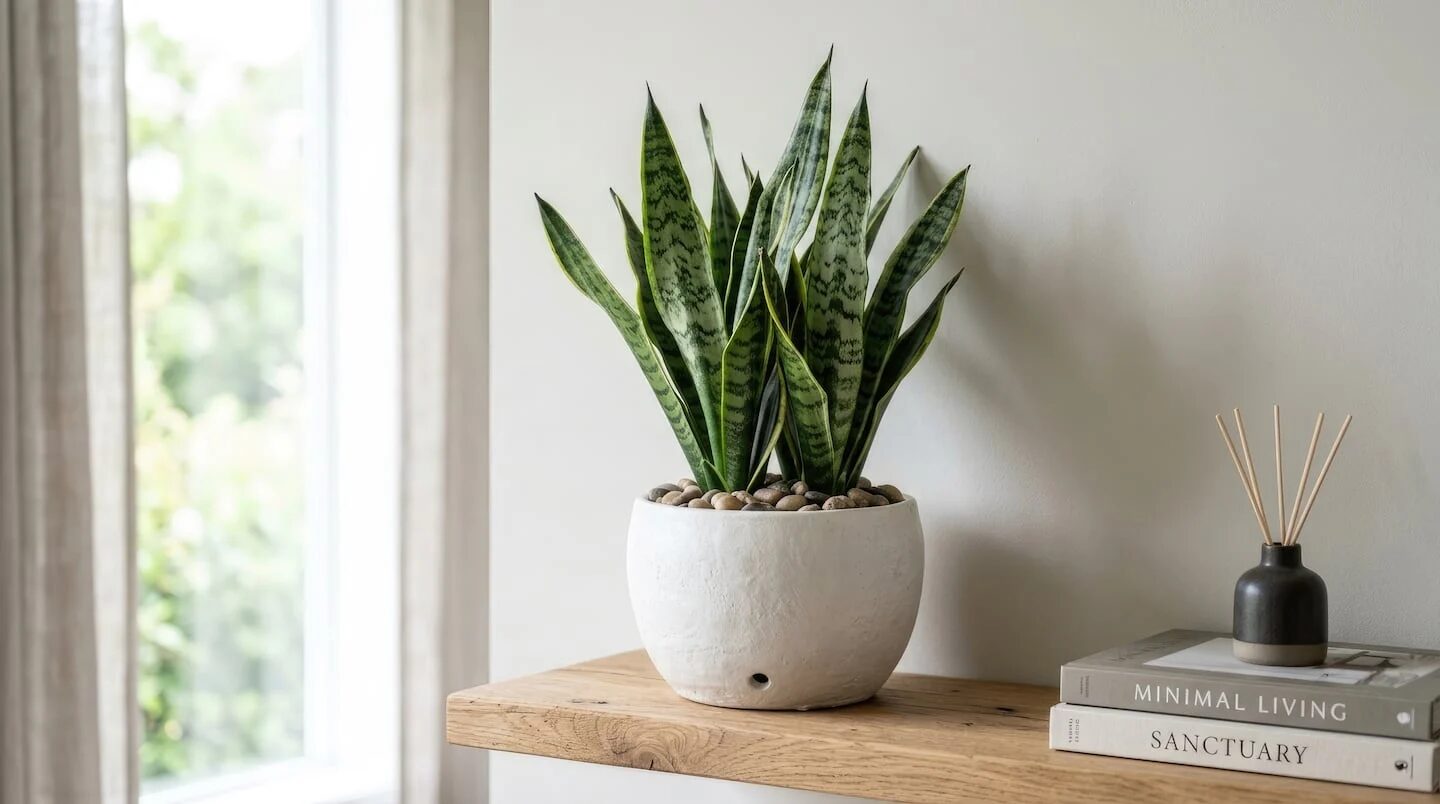 Planta de lengua de suegra enana en maceta blanca sobre estante de madera