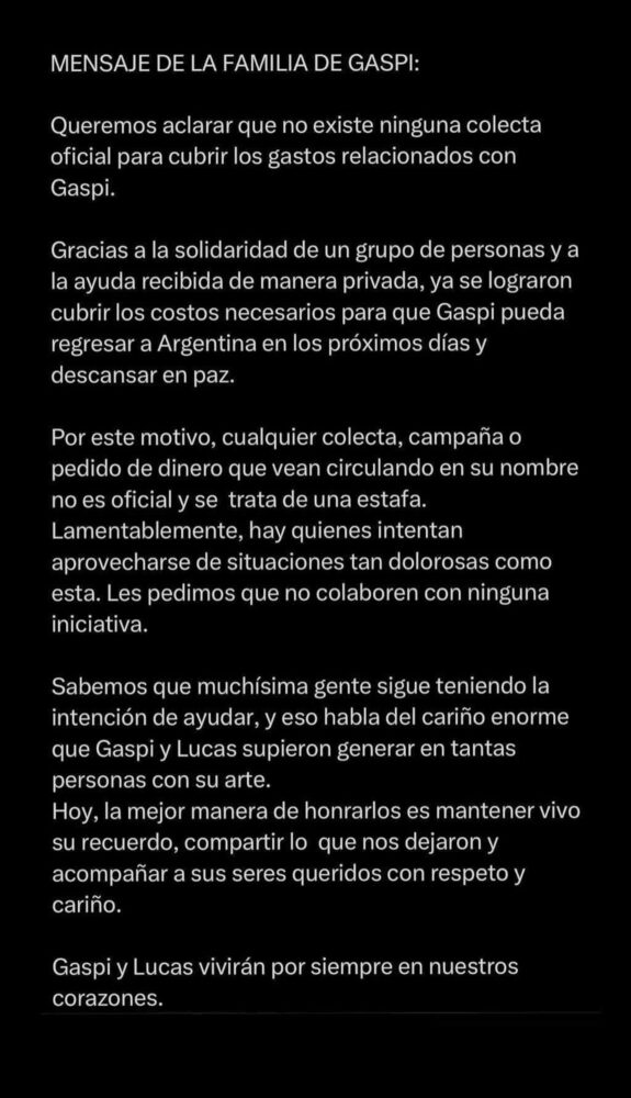 Mensaje de la familia de Gaspi sobre la colecta y el homenaje en el Obelisco