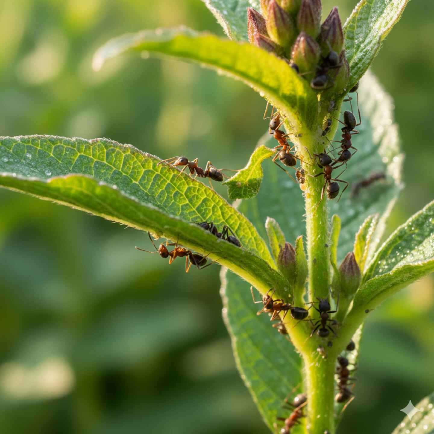 Hormigas en una planta verde