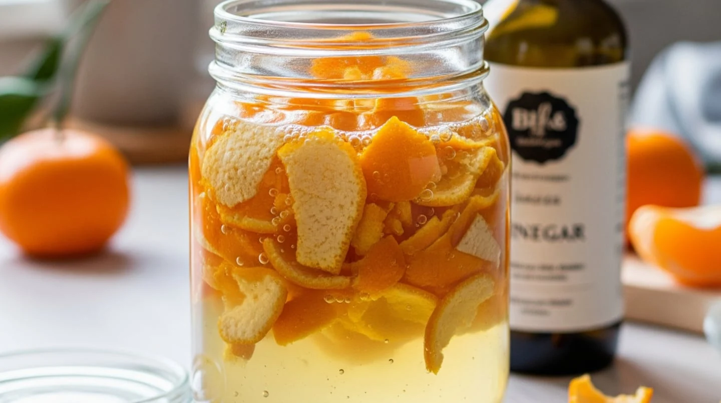 Frasco de vidrio con cáscaras de mandarina sumergidas en vinagre