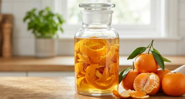 Mezcla de vinagre y cáscaras de mandarina para limpieza