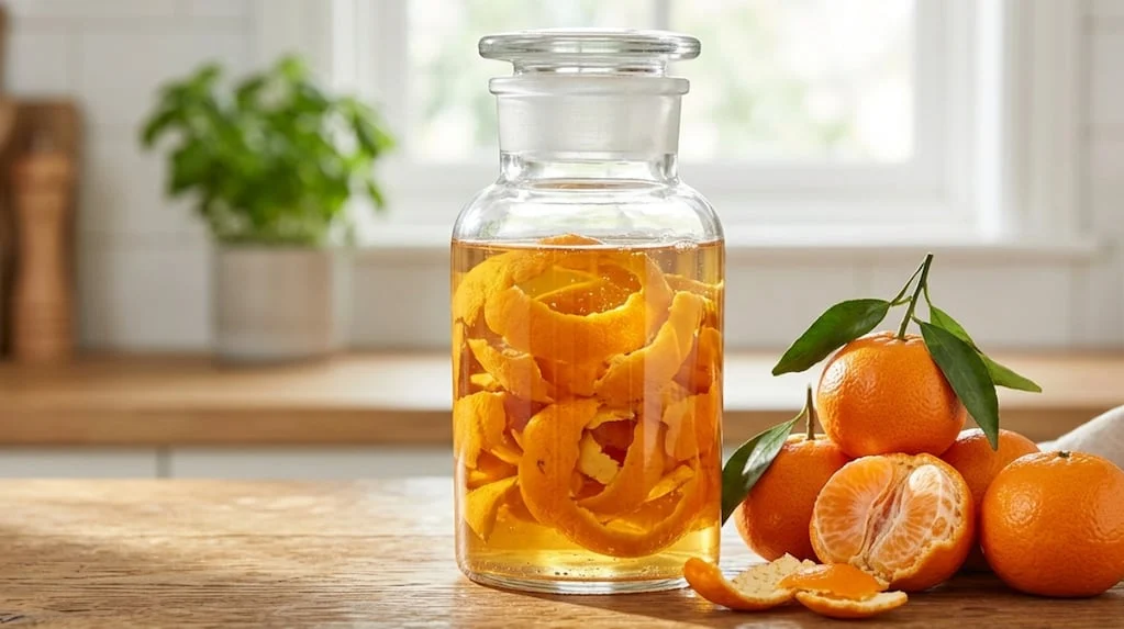 Mezcla de vinagre y cáscaras de mandarina para limpieza