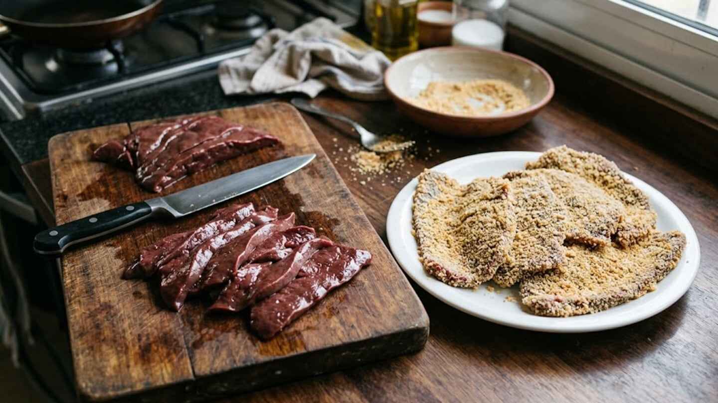 Preparación de milanesa de hígado vacuno con carne cruda y empanizada en la cocina