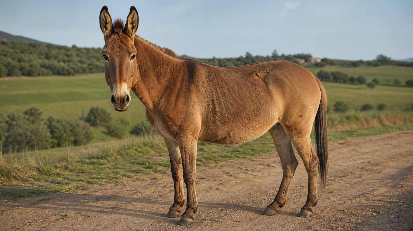 Mula de pie en un camino rural rodeado de campos verdes