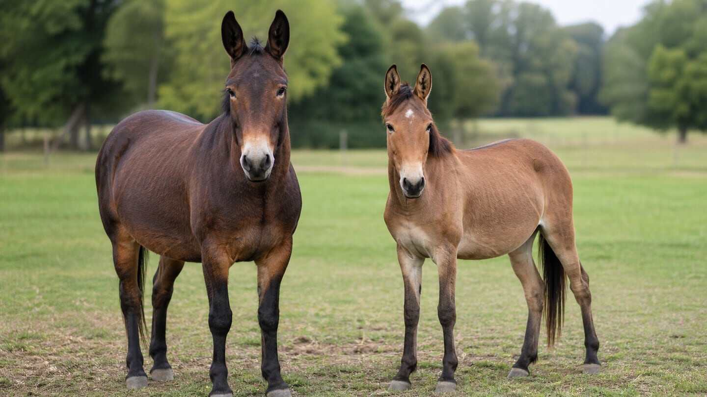 Mula y potro en un campo verde