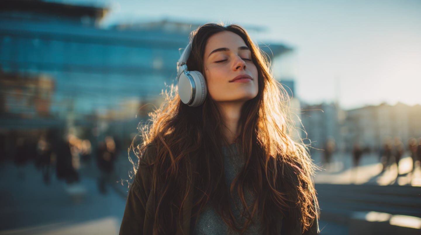 Joven con auriculares disfrutando de música al aire libre