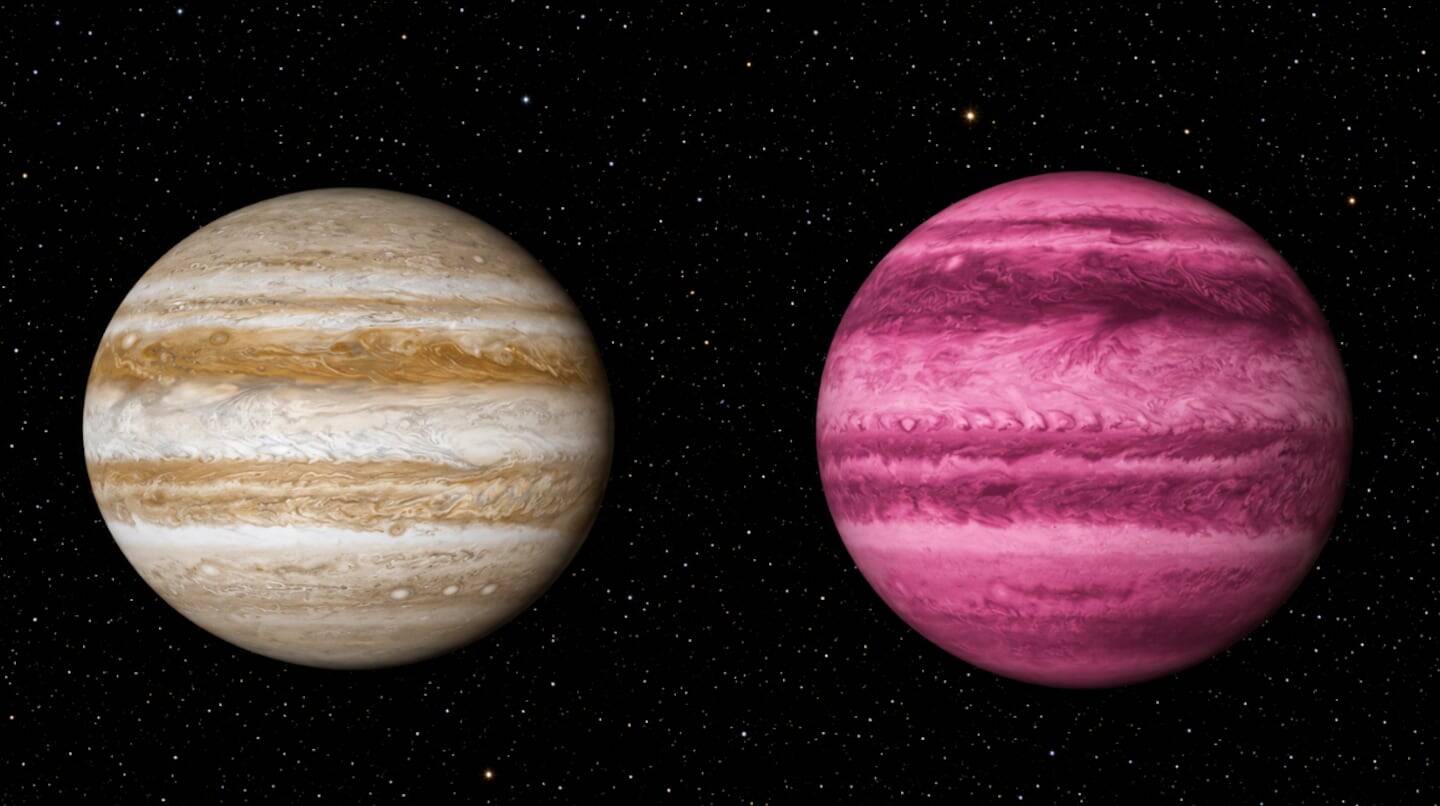 Comparación entre Júpiter y GJ 504 b, un exoplaneta rosa y frío