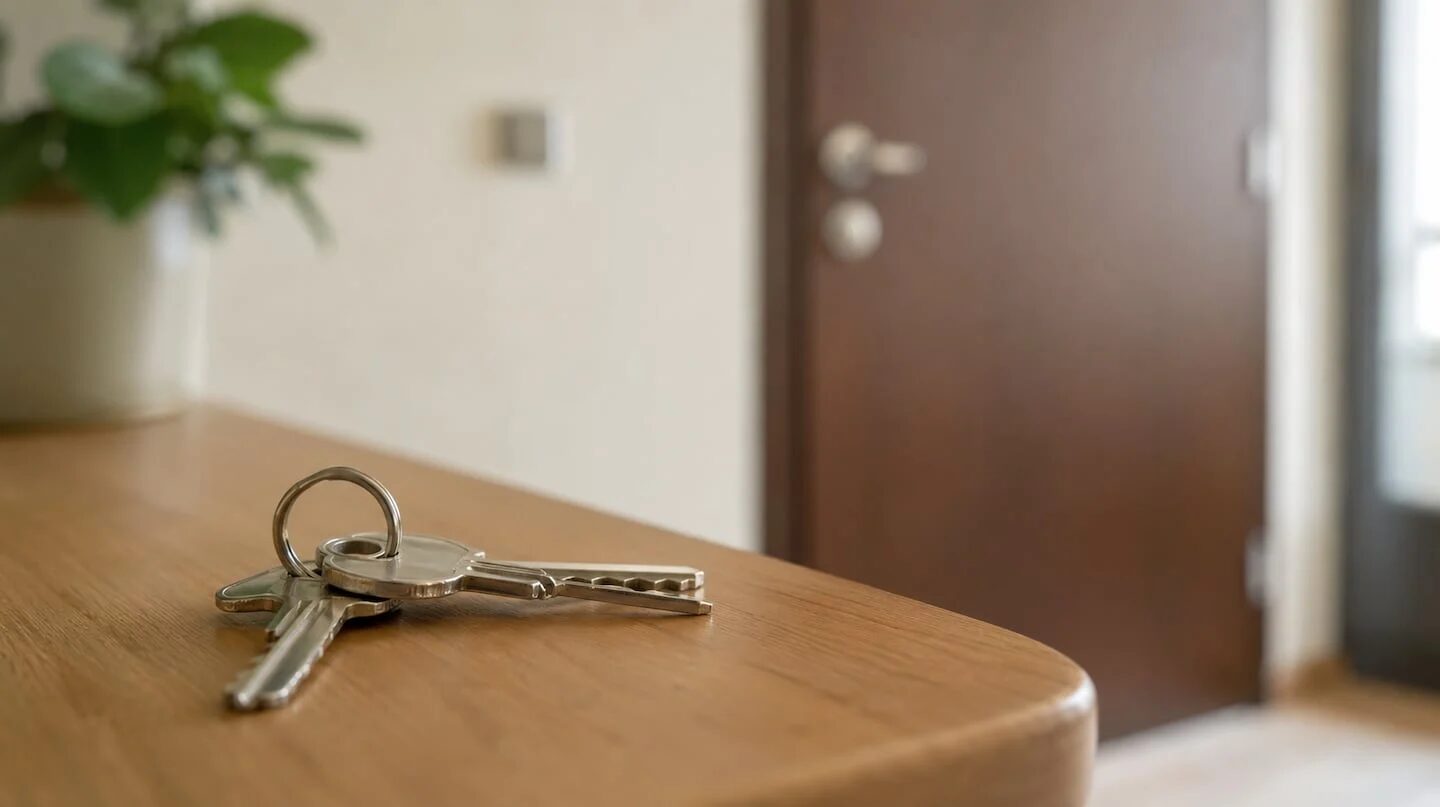 Llaves sobre una mesa junto a una puerta cerrada
