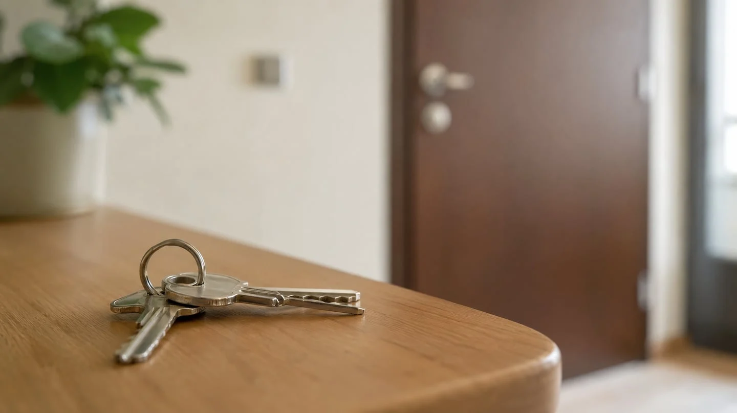 Llaves sobre una mesa junto a una puerta cerrada