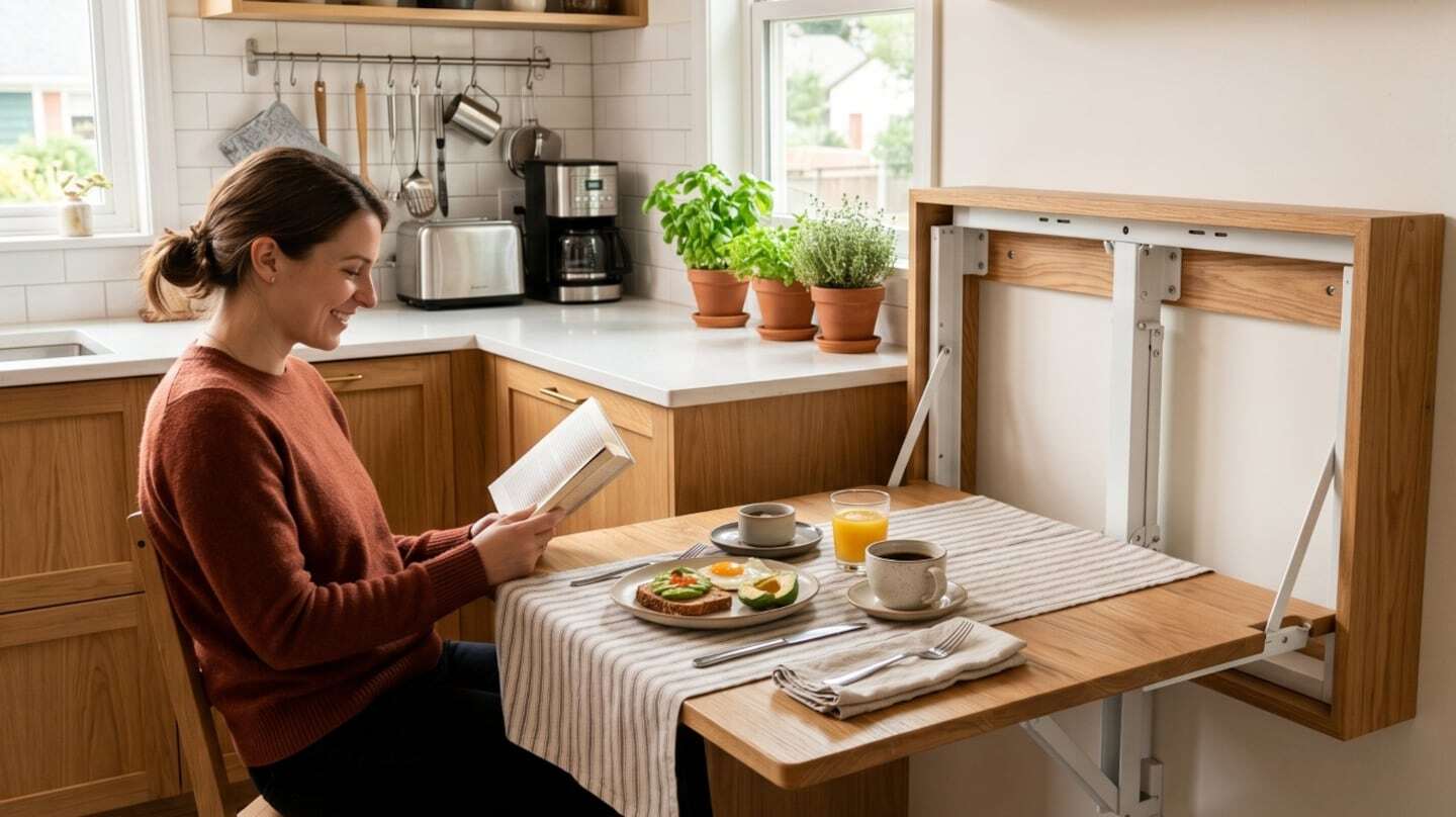 Mujer leyendo en una cocina pequeña con mesa plegable integrada a la pared