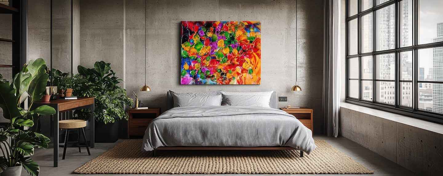 Dormitorio moderno sin respaldo de cama, con paredes decoradas y arte colorido