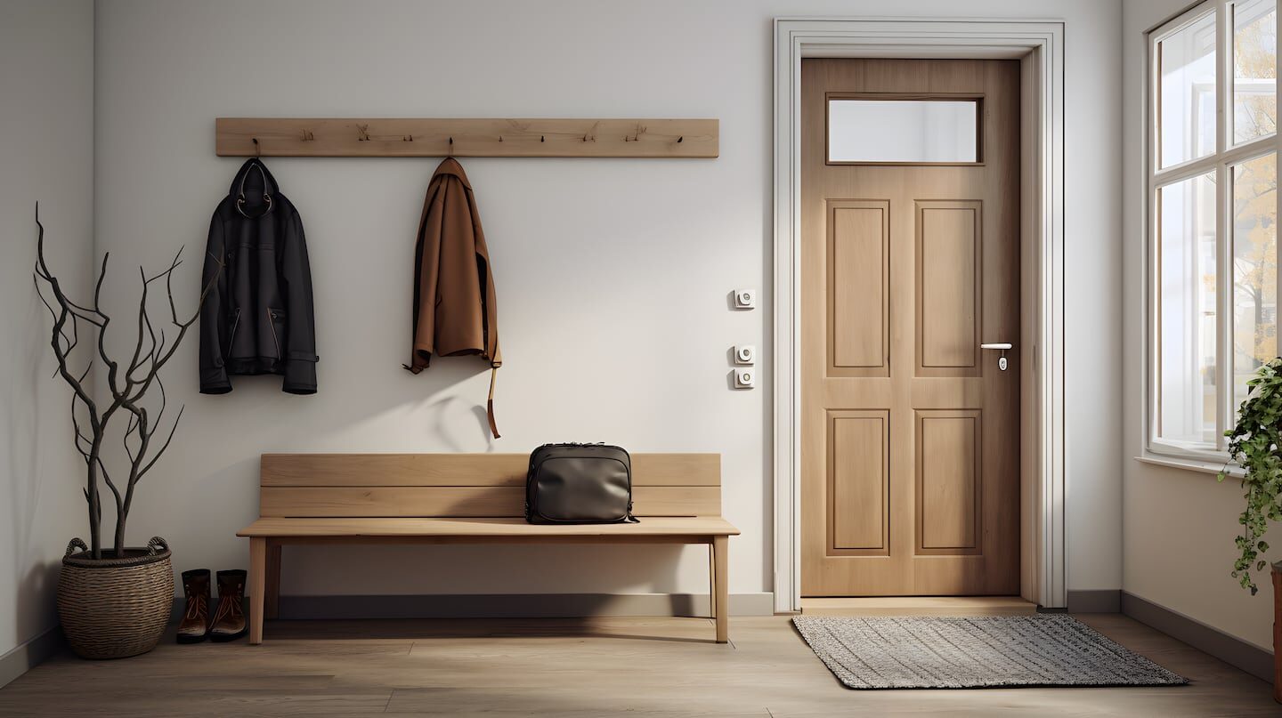 Entrada moderna con perchero minimalista y banco de madera