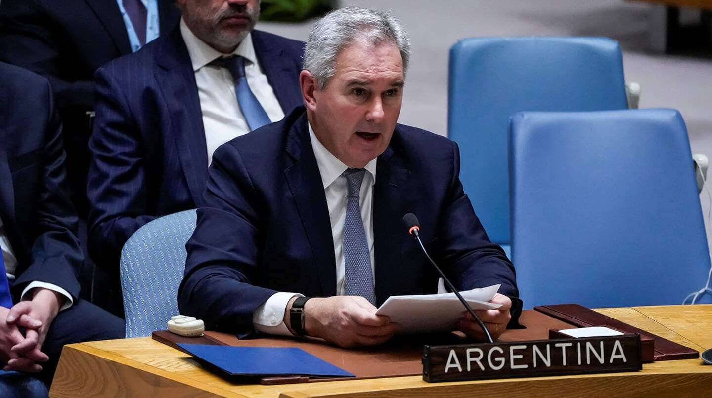 Canciller argentino Pablo Quirno hablando en la ONU sobre las Islas Malvinas