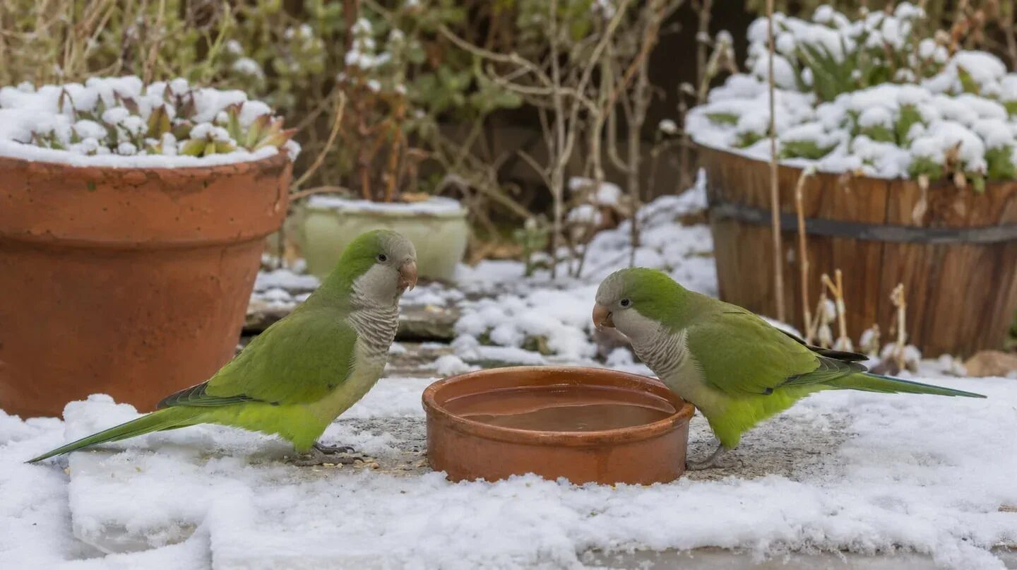 Dos cotorras verdes bebiendo agua en un jardín cubierto de nieve