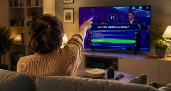 Persona gritando al televisor durante un programa de concursos