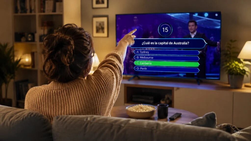 Persona gritando al televisor durante un programa de concursos