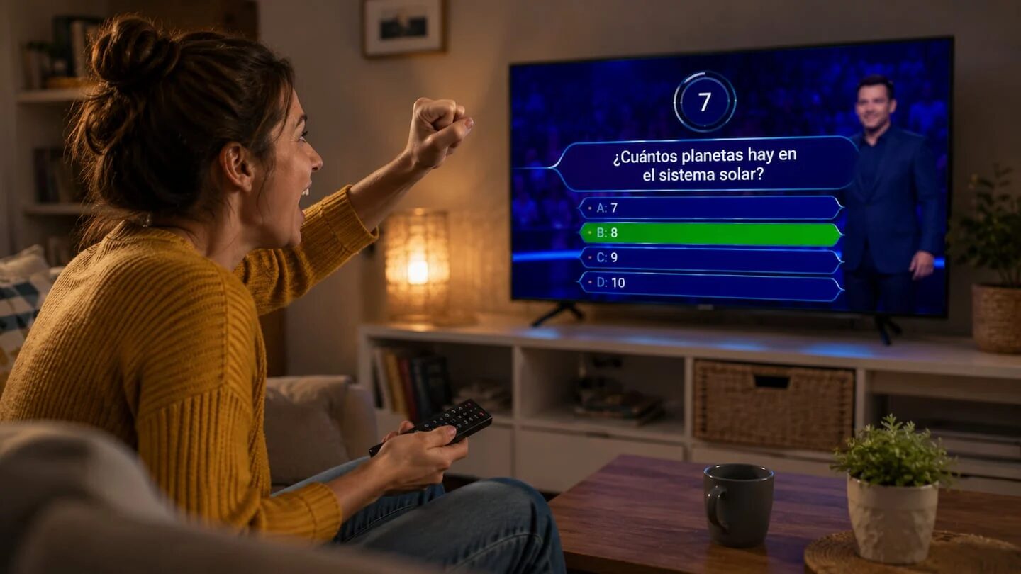Mujer gritando al televisor durante un programa de concursos