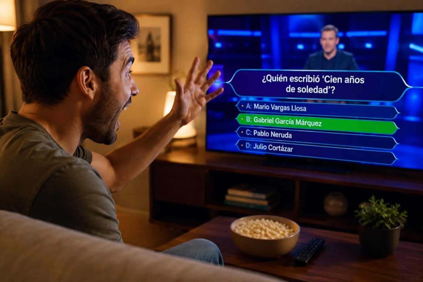 Hombre gritando al televisor durante un programa de concurso