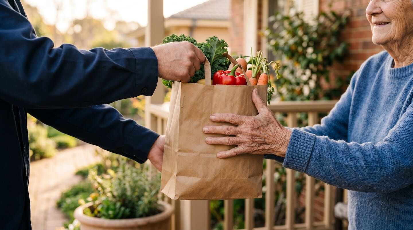 Una persona joven entrega una bolsa de papel con verduras a una anciana en una puerta