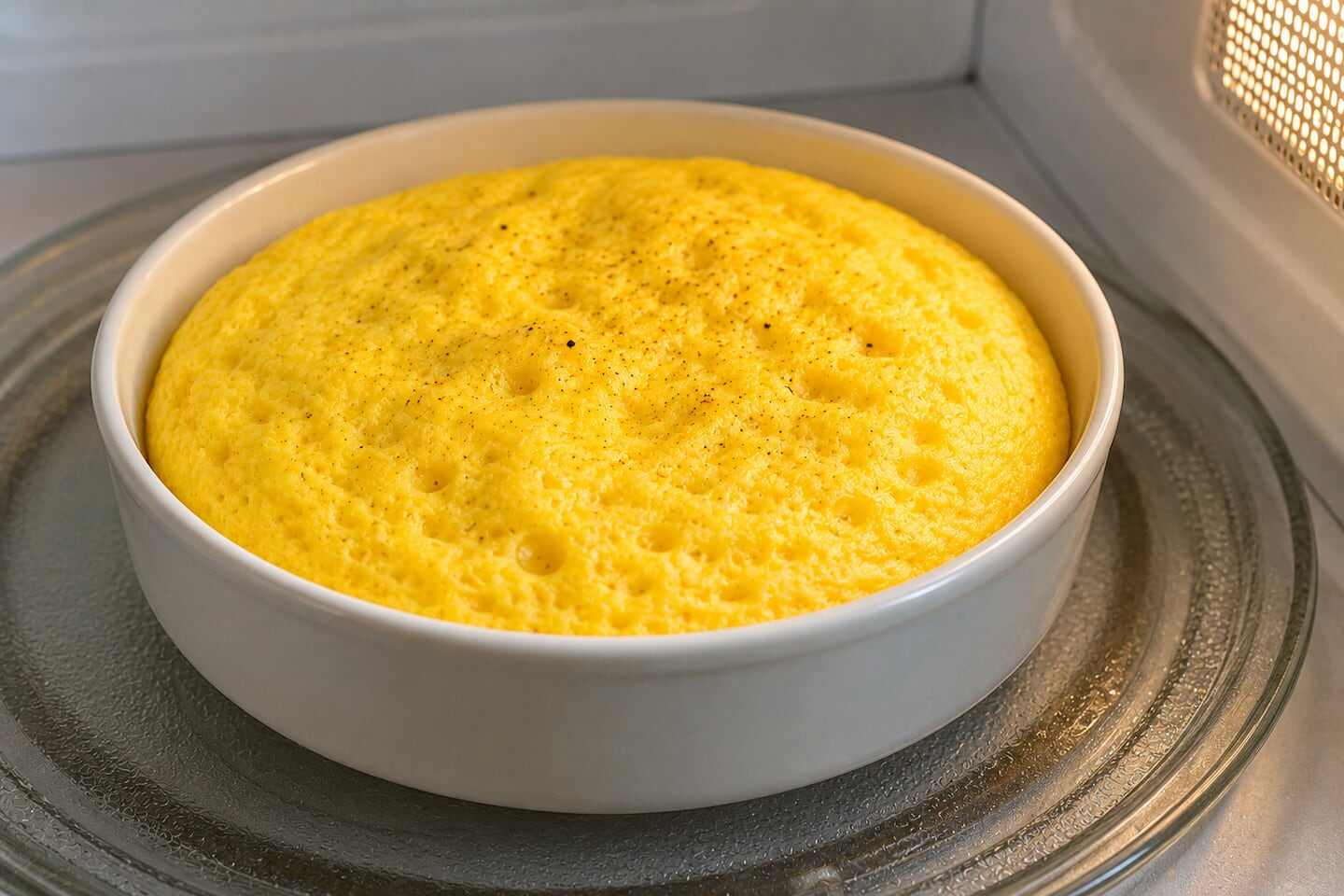 Omelette esponjoso cocinado en microondas en un recipiente blanco