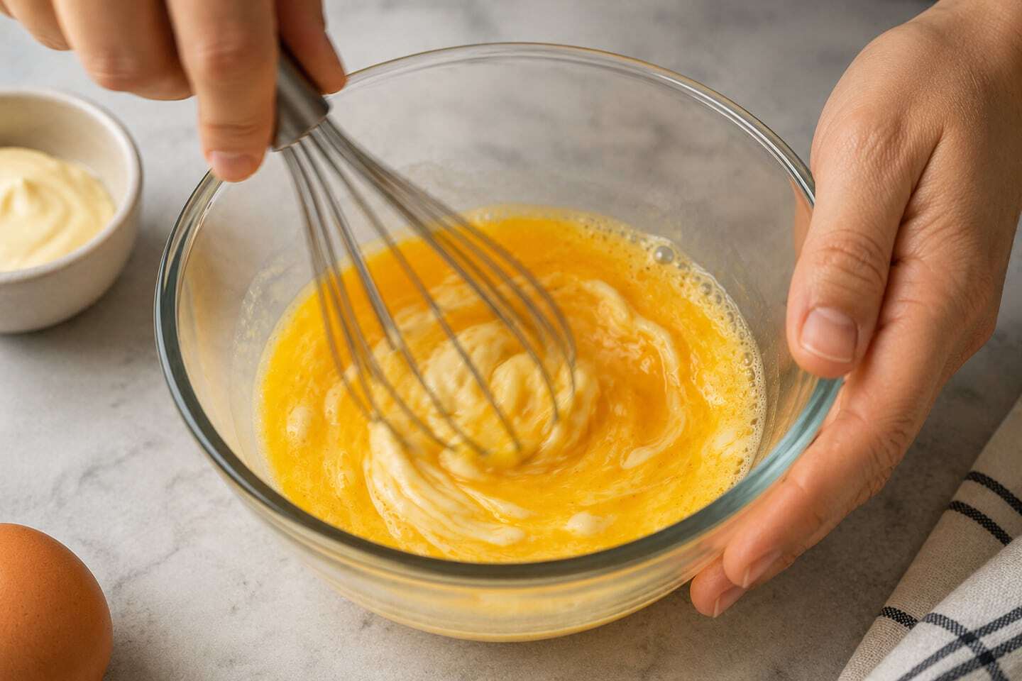 Hombre batiendo huevos en un bol de vidrio para preparar un omelette