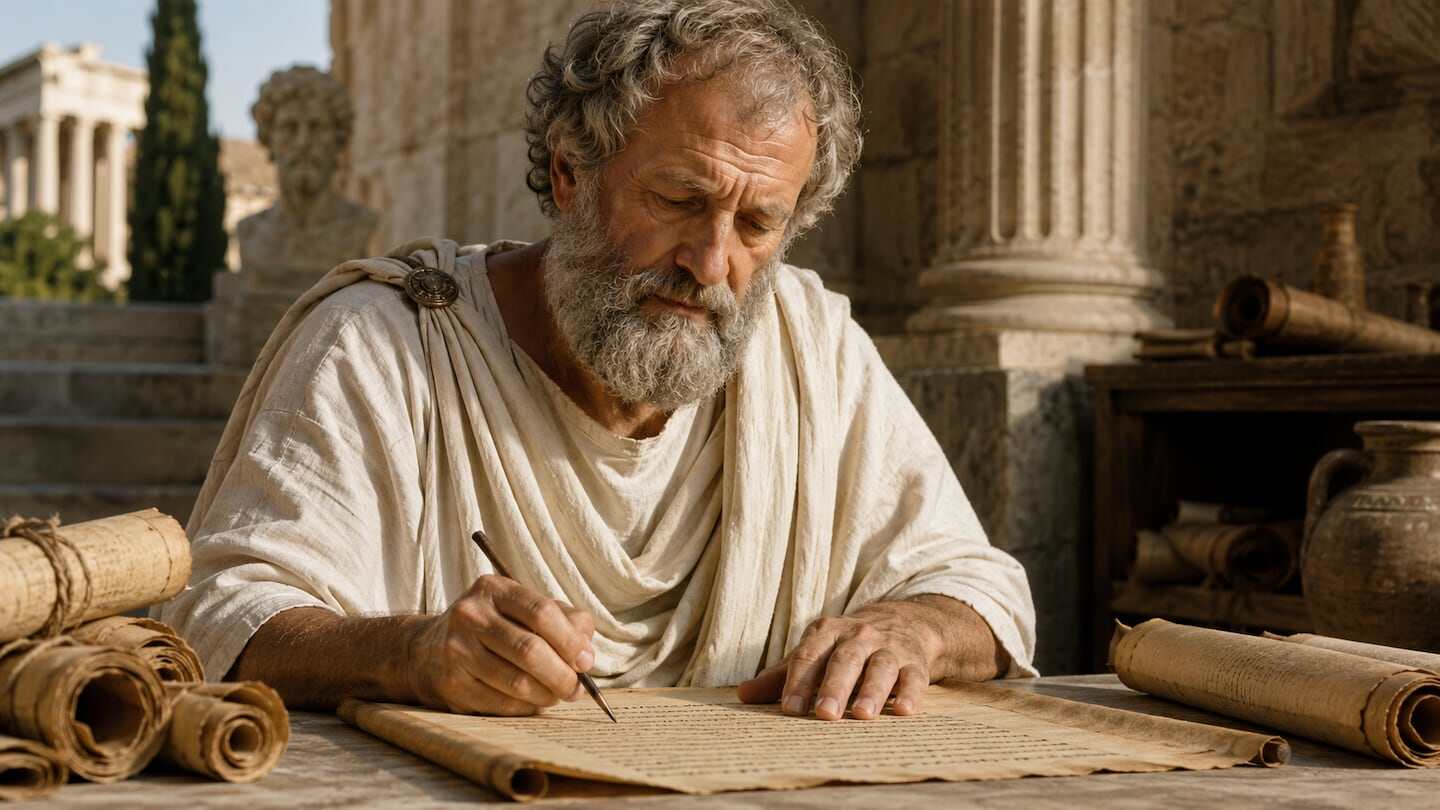 Filósofo griego escribiendo en un pergamino en un entorno antiguo