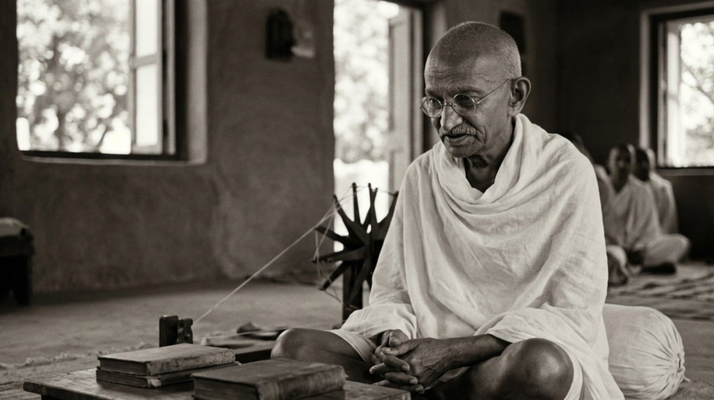 Mahatma Gandhi meditando en un entorno sencillo