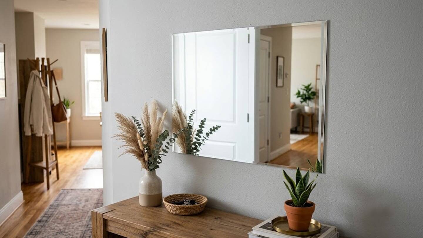 Espejo adhesivo en una pared con decoración minimalista en un hogar moderno