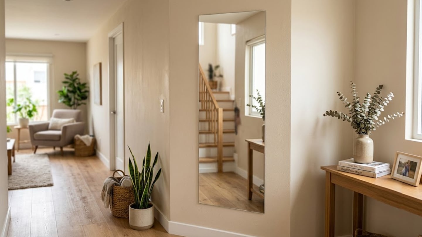 Espejo adhesivo en un pasillo moderno con decoración minimalista