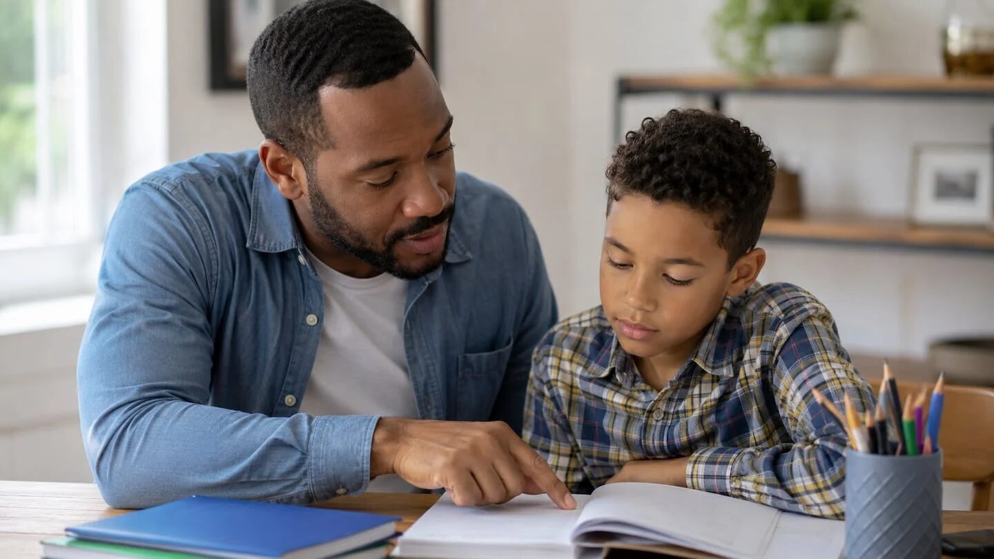 Padre enseñando a su hijo en un ambiente educativo en casa