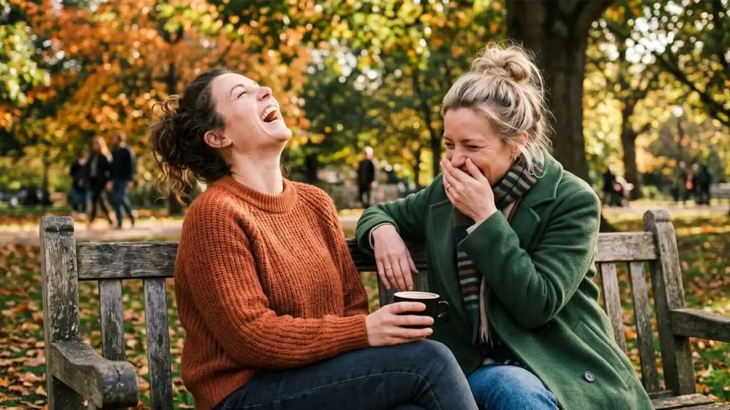 Dos mujeres riendo juntas en un parque durante el otoño