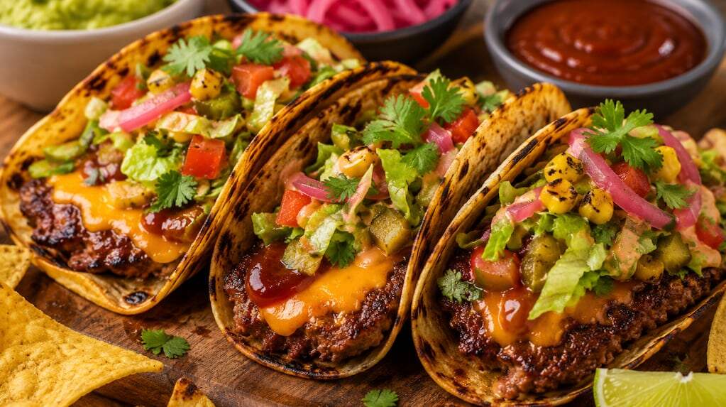Tres Smash Taco Burgers con carne, queso y vegetales en tortillas doradas