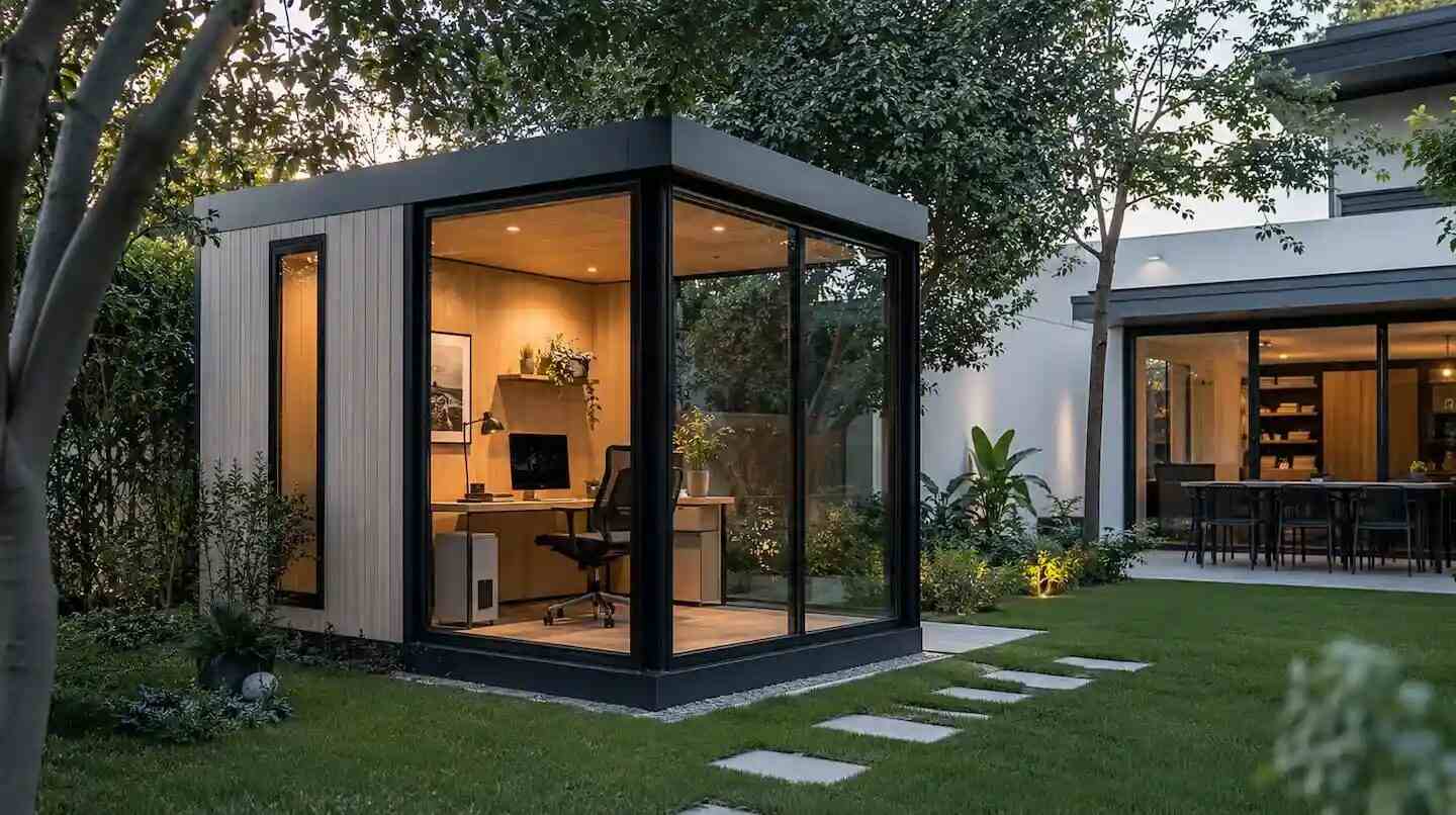 Módulo habitable prefabricado en un jardín, diseñado para ampliar viviendas rápidamente