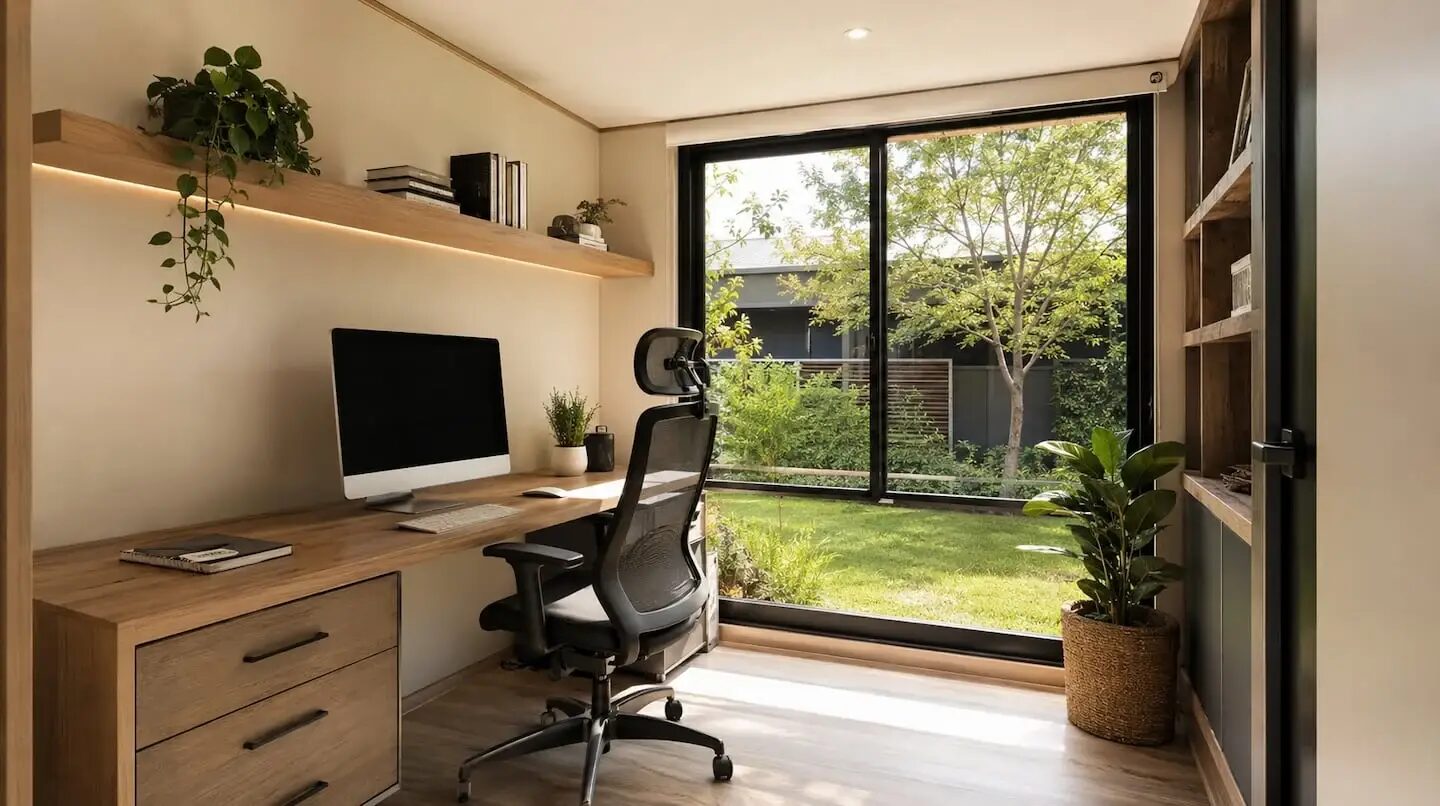 Módulo habitable prefabricado con escritorio y vista al jardín