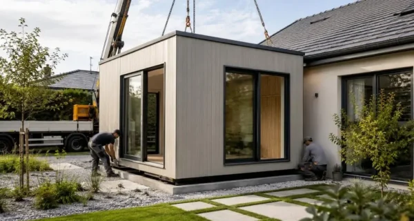 Módulos habitables prefabricados en un jardín