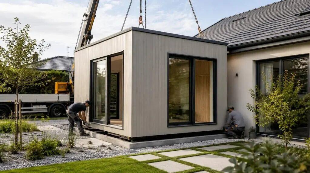 Módulos habitables prefabricados en un jardín