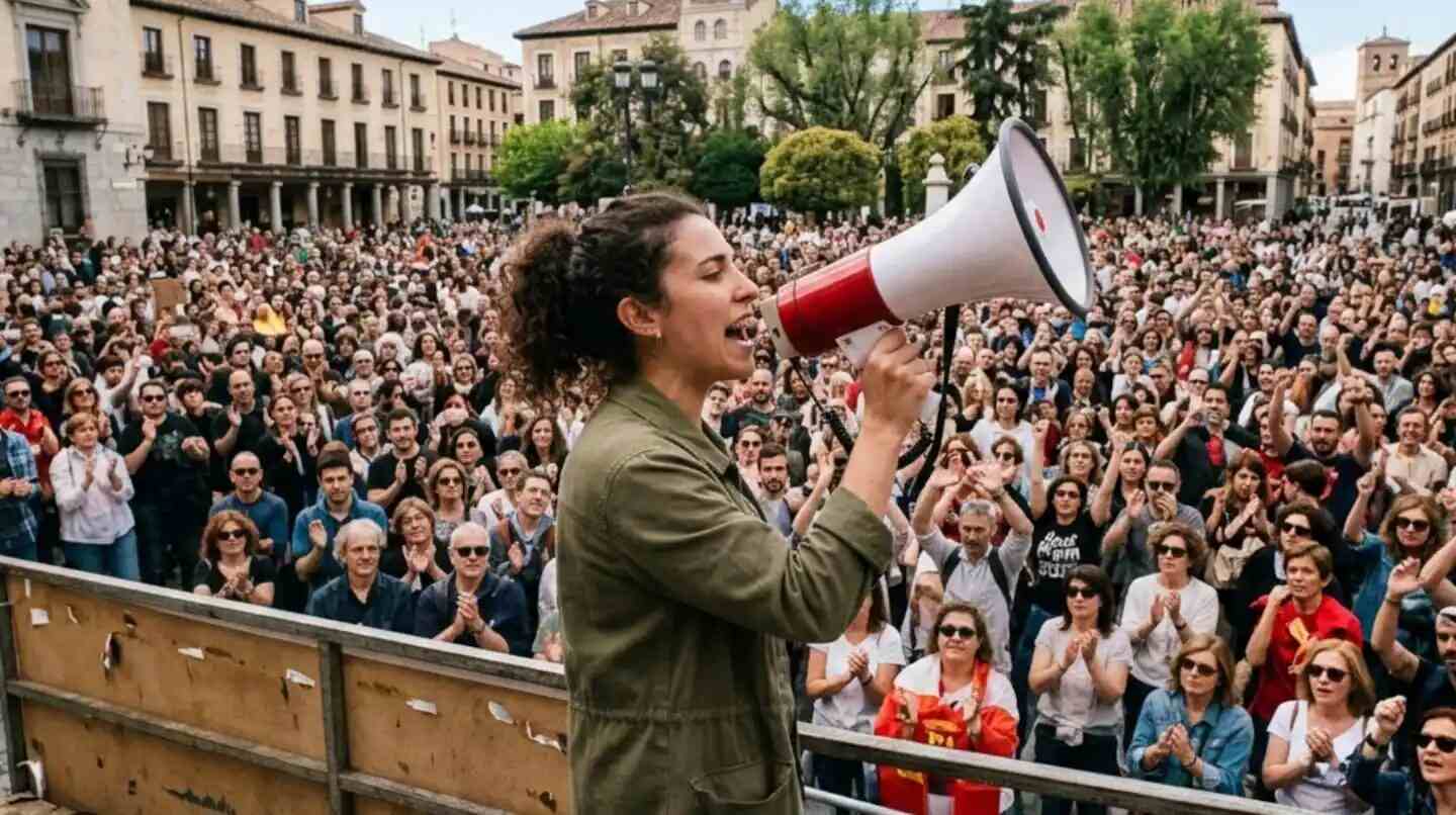 Mujer con megáfono dirigiéndose a una multitud en una manifestación