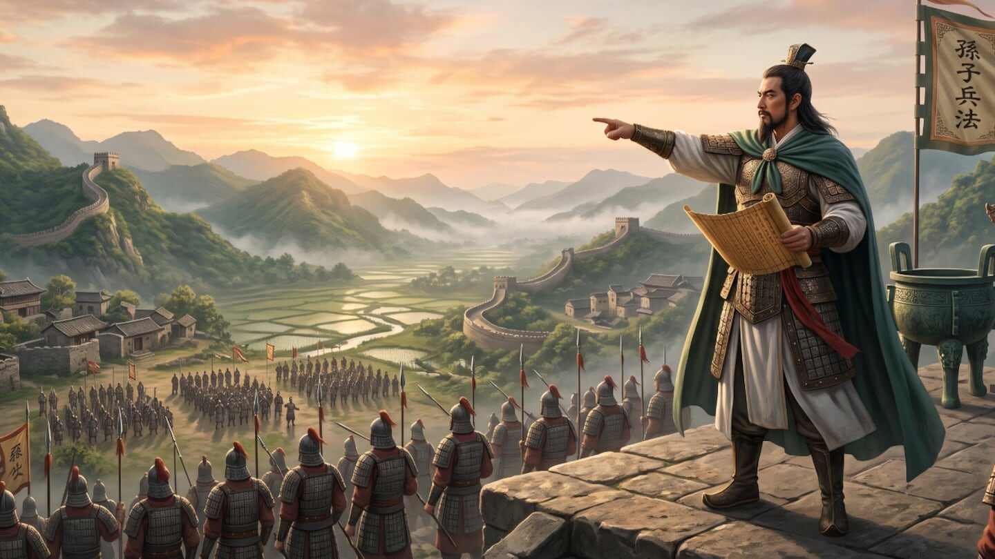 General de la antigua China señalando a sus tropas frente a un paisaje montañoso al amanecer