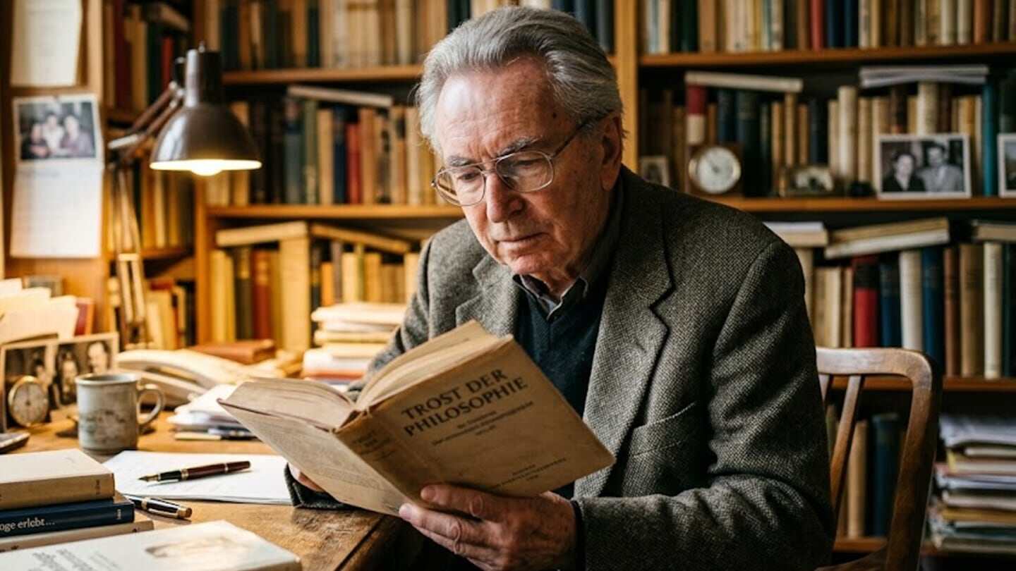 Viktor Frankl leyendo un libro en su estudio rodeado de estanterías llenas de libros
