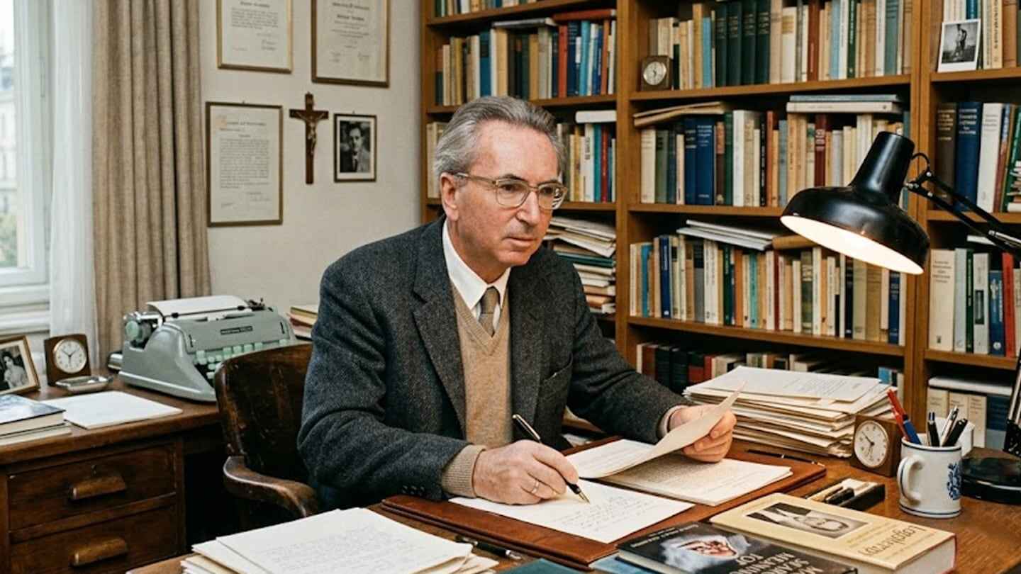 Viktor Frankl en su oficina, revisando documentos y reflexionando sobre su trabajo
