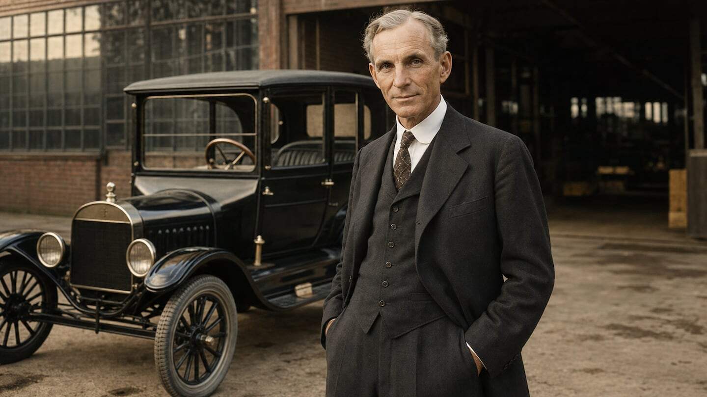 Henry Ford de pie junto a un automóvil clásico en la fábrica de Ford