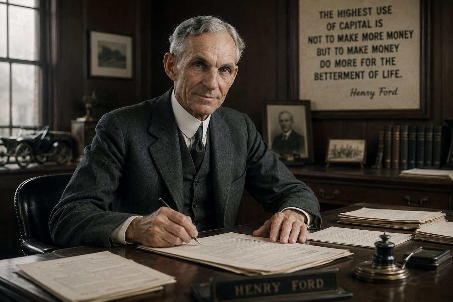 Henry Ford sentado en su oficina, escribiendo documentos sobre bienestar laboral