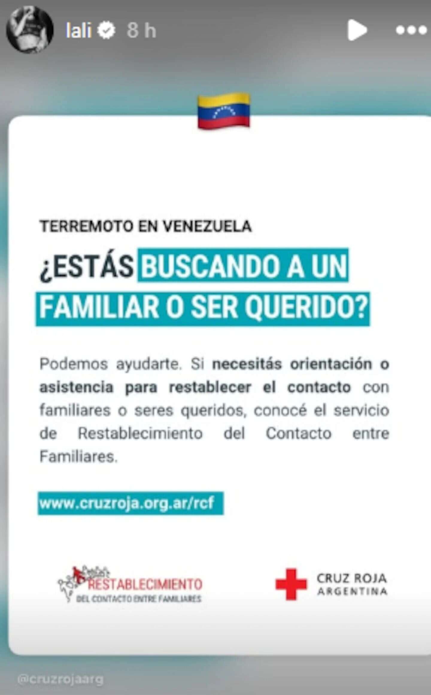 Publicación de Lali Espósito sobre el restablecimiento de contactos familiares tras el terremoto en Venezuela